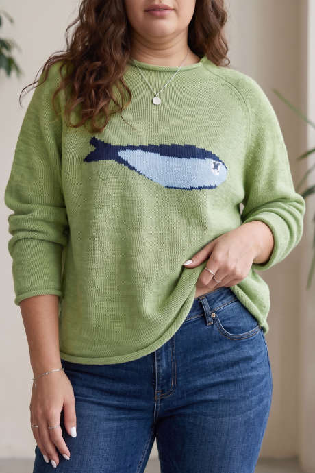 Meadow Mist Green Plus Size Fish Printed Raw Edge Round Neck Knit Sweater