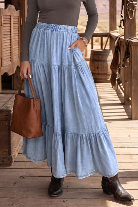 Beau Blue Elastic Waist Ruffled Tiered Flared Denim Maxi Skirt LC7811291-P804