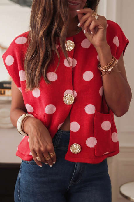Pulang Polka Dot na Walang Manggas na Niniting na Butones na Pababang Balikat na Sweater Vest