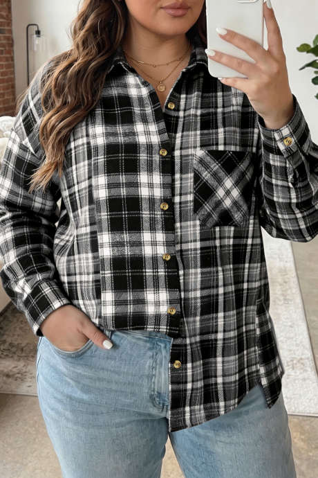 Zwart geruit overhemd/jasje met lange mouwen en V-hals, plus size.