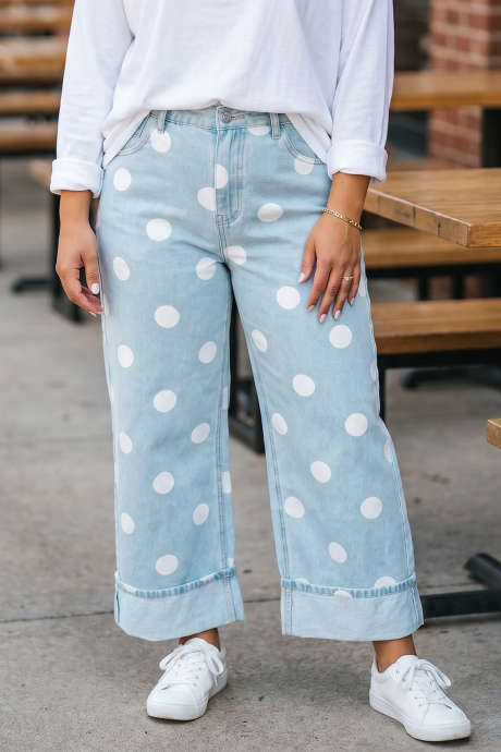 Celana Jeans Panjang Motif Polkadot Biru Langit, Potongan Reguler, Ukuran Plus