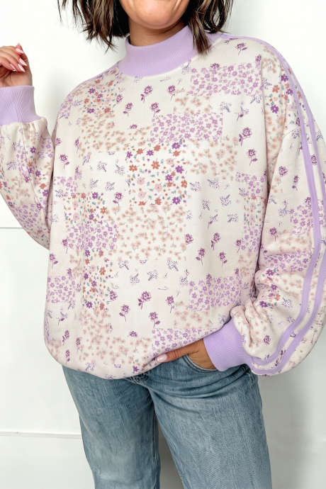 Sweat-shirt à col montant et empiècements colorés imprimé floral violet