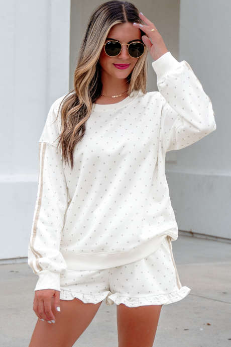 Vit prickig mönster med randiga sidor – casual sweatshirt med 2 delar – kort set