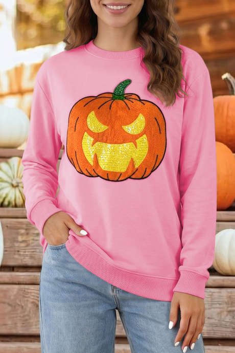 Pink Embroidered Pumpkin Face Long Sleeve Round Neck Sweatshirt