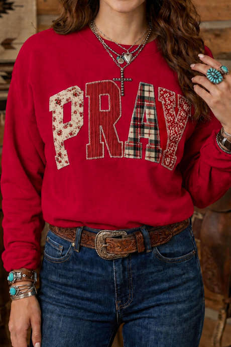 Sweatshirt Pullover Western Motif Kotak-kotak Buffalo Bergaris Bunga Merah Balap dengan Bordir dan Patch
