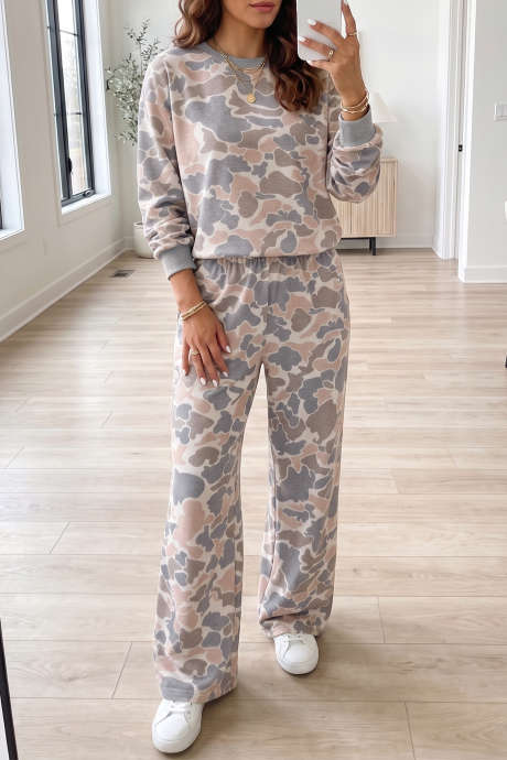 Langarmshirt mit mehrfarbigem Camouflage-Print und lockerer Passform, 2-teiliges Hosen-Set