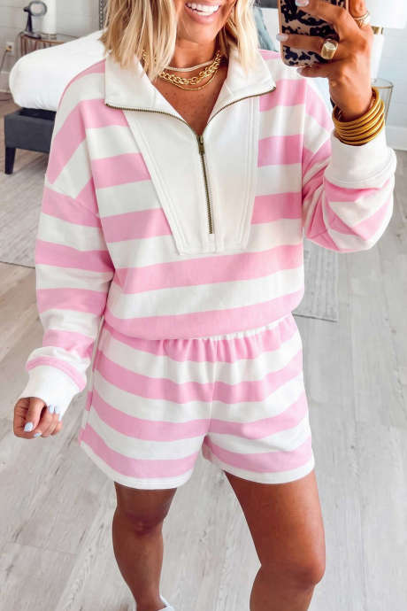 Ensemble 2 pièces : pull à rayures roses patchwork avec fermeture éclair et short à taille élastique