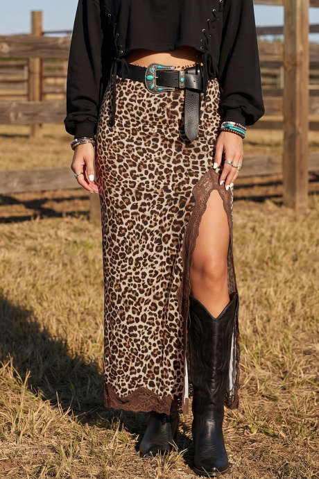 Rok Panjang Western Belahan dengan Trim Motif Cheetah Khaki