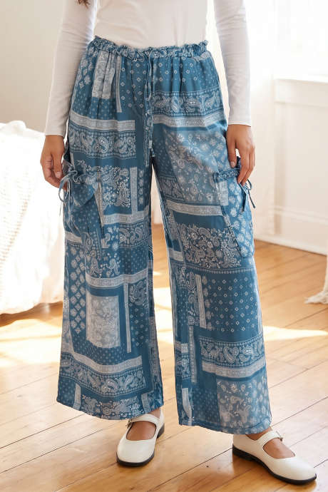 Blue Paisley Mixed Print Drawstring Pocketed Wide Leg Jeans
