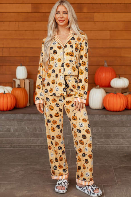 Setelan Santai Dua Potong Lengan Panjang Motif Labu Halloween Oranye