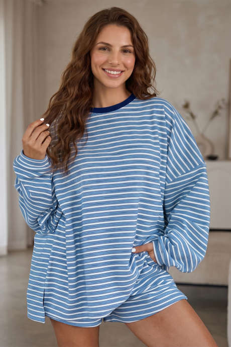 Sky Blue Stripe Long Sleeve Oversized Top Pocketed Casual Shorts Two Piece Set