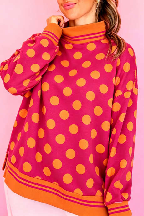 Sudadera de cuello alto con ribete de rayas y lunares rosas LC25322040-P620