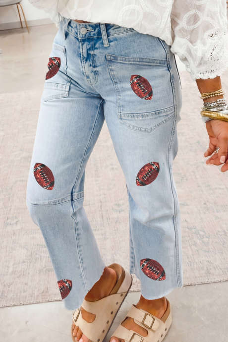 Džíny Beau Blue Sequin Rugby Pattern Raw Lem Casual LC7877562-P804
