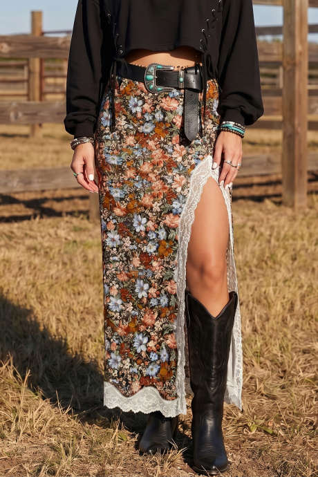 Falda larga estilo western con abertura y ribete de estampado de guepardo multicolor