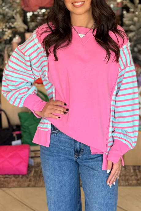 Langarmshirt mit Rosenstreifen, Farbblock-Patchwork und lockerem Schlitz