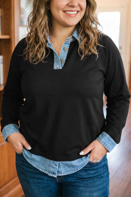 Schwarze, einfarbige Colorblock-Bluse mit langen Ärmeln, V-Ausschnitt und Übergröße