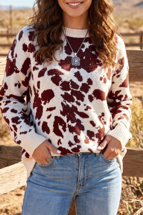 Sweater Rajut Lengan Panjang Leher Bulat Motif Sapi Cetak Barat Warna Cokelat