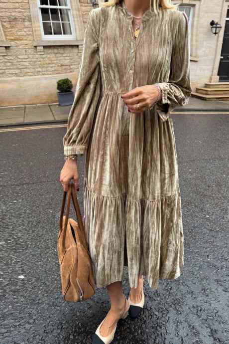 Smoke Gray Velvet Solid Color Half Button Long Sleeve Pleated Midi Dress