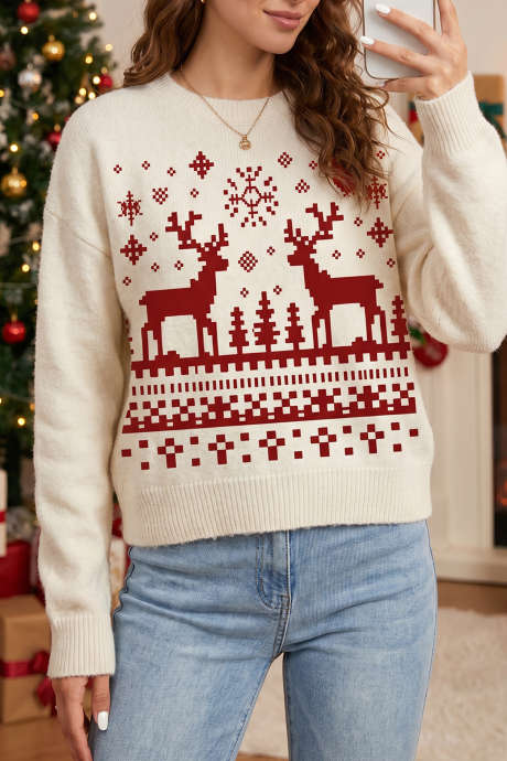 Sweater Kasual Leher Bulat Motif Rusa Kutub Piksel Krem untuk Liburan