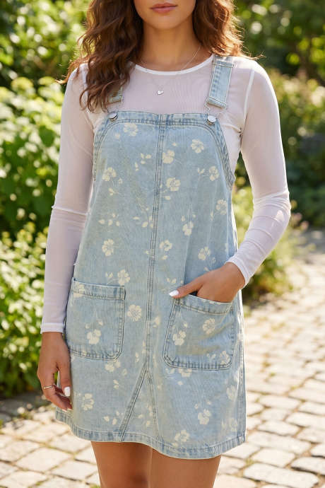 Gaun Mini Terusan Denim Motif Bunga Warna Biru Langit Gaya Retro
