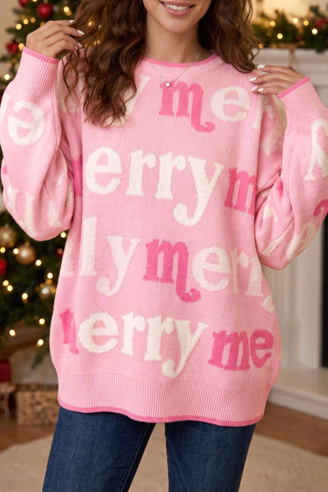 粉色满版“Merry Me”图案圆领针织毛衣