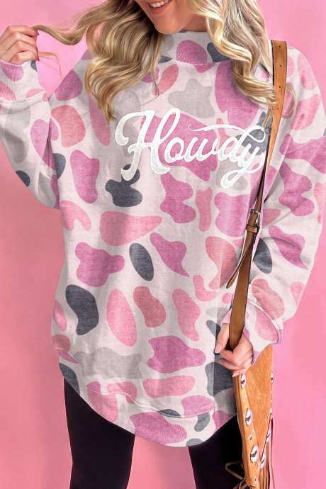 Moletom folgado estilo western com estampa camuflada rosa "Howdy"