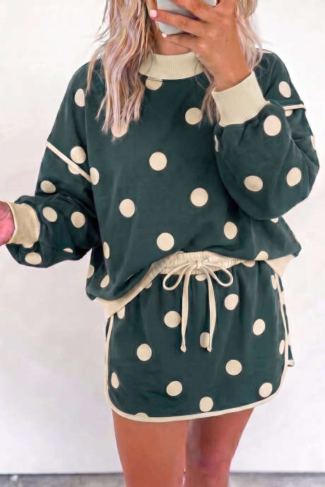2-teiliges Set: Pulloverrock mit grünem Polka-Dot-Print und farblich abgesetztem Saum, locker geschnitten, mit Kordelzug