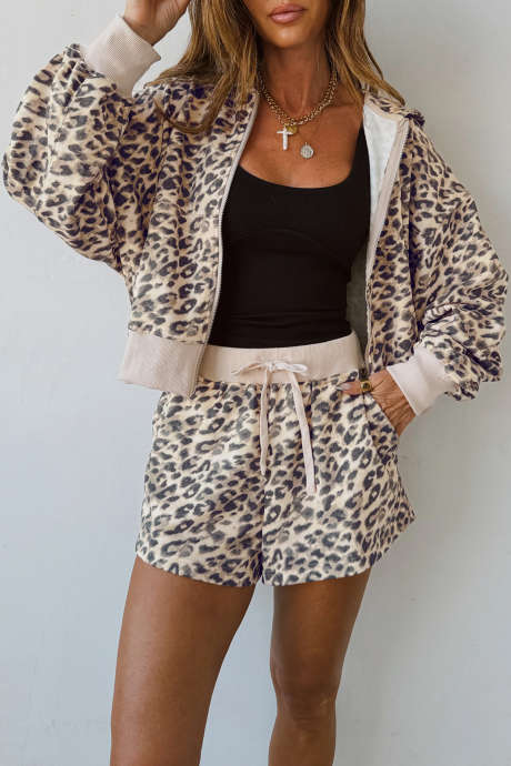 Ensemble pantalon à capuche zippé et cordon de serrage léopard multicolore