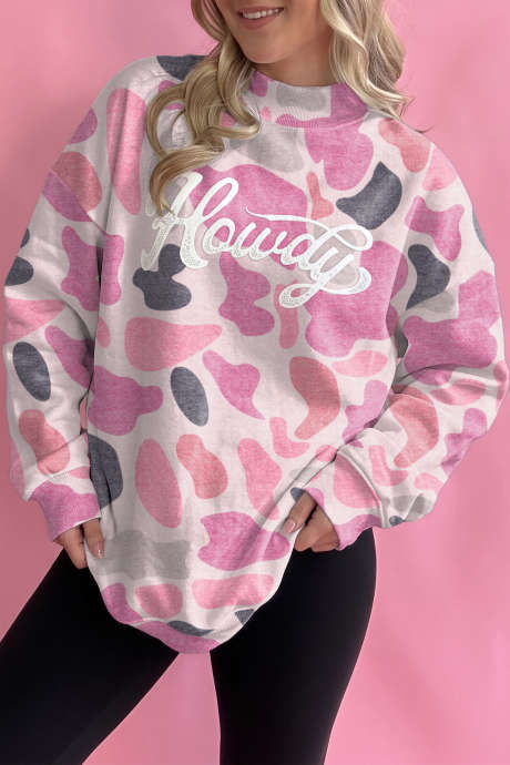 Sudadera holgada estilo western con estampado de camuflaje rosa Howdy LC25321666-P1020
