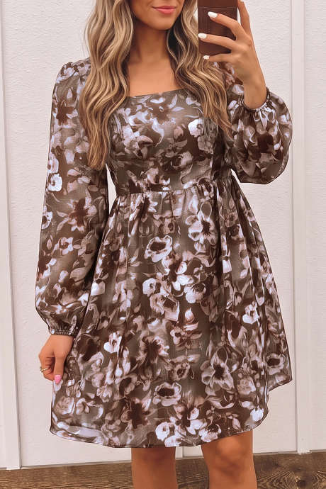 Gaun Mini Model Shift Lengan Panjang Leher Persegi dengan Motif Bunga Abstrak Cokelat