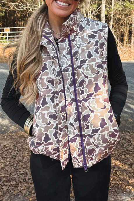 Gilet sans manches à col montant zippé, matelassé camouflage multicolore