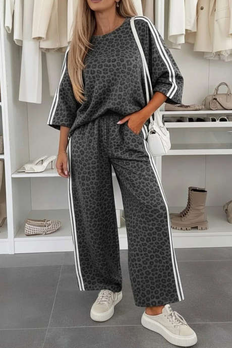 Ensemble haut et pantalon à rayures style universitaire, imprimé léopard gris, manches 3/4