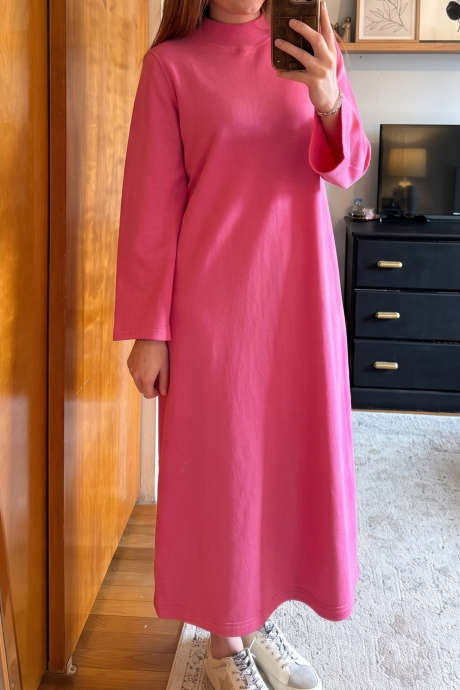 Bonbon Solid Color Mock Neck Long Sleeve Shift Midi Dress