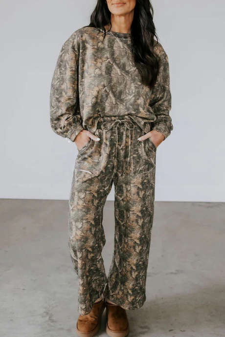 Ensemble pantalon à manches longues imprimé abstrait vert