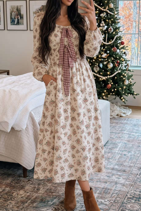 Beige Floral Print Plaid Bow Detail Cute Long Dress