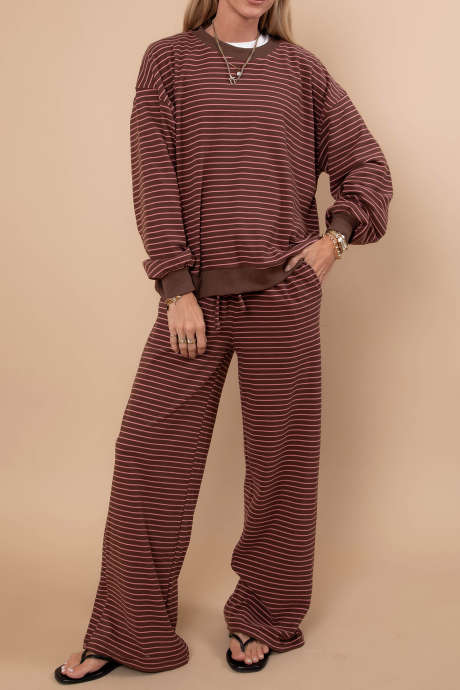Brown Stripe Color Block Trim Long Sleeve Top Drawstring Pants Relaxed 2pcs Set