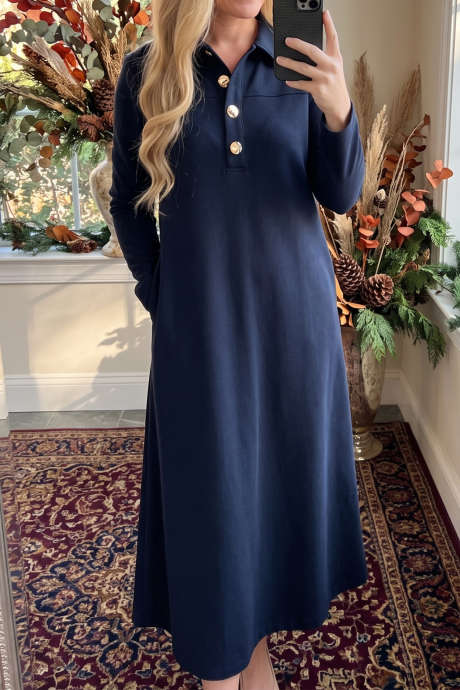Navy Blue Solid Color Long Sleeve Button Polo Collar Shift Midi Dress