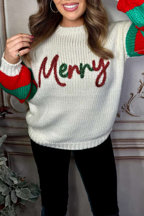 Beige Festive Merry Lettering Color Block Long Sleeve Plus Size Sweater