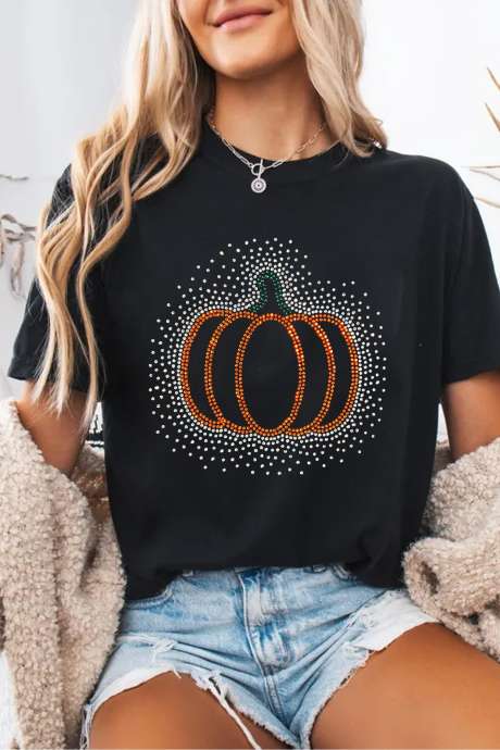 Kaos Lengan Pendek Kasual Bergambar Labu dengan Hiasan Berlian Imitasi Hitam