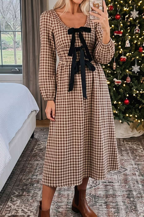Brown Plaid Long Sleeve Velvet Bow High Waist Midi Dress