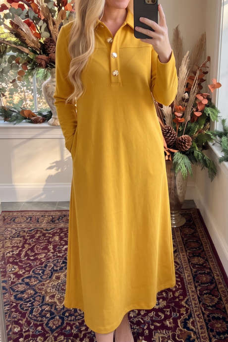Mustard Solid Color Long Sleeve Button Polo Collar Shift Midi Dress
