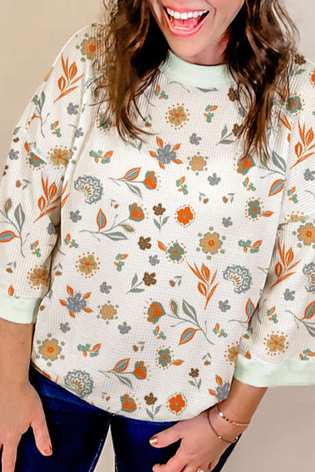Green Floral Print Waffle Texture Color Block Trim Bracelet Sleeve Top