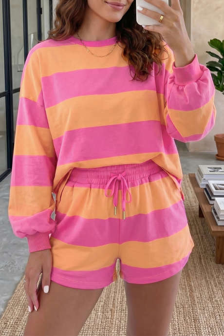 Pink Stripe Long Sleeve Casual Top Drawstring Shorts 2pcs Set LC629722-P1019