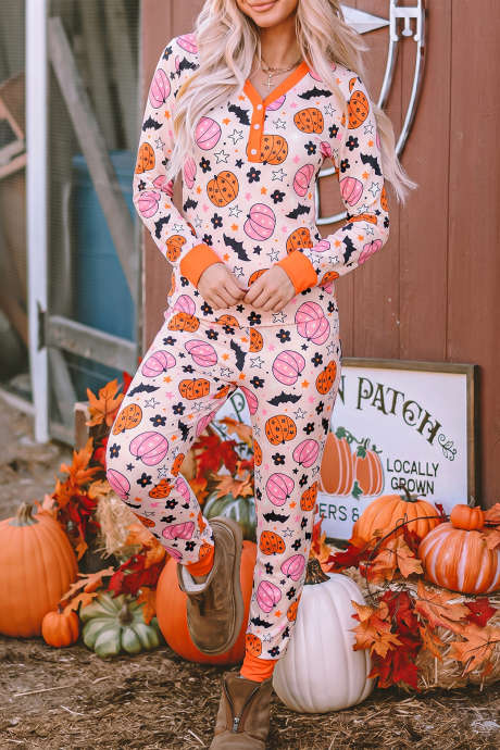 Set Pakaian Santai Rumahan Lengan Panjang Motif Labu Halloween Merah Muda