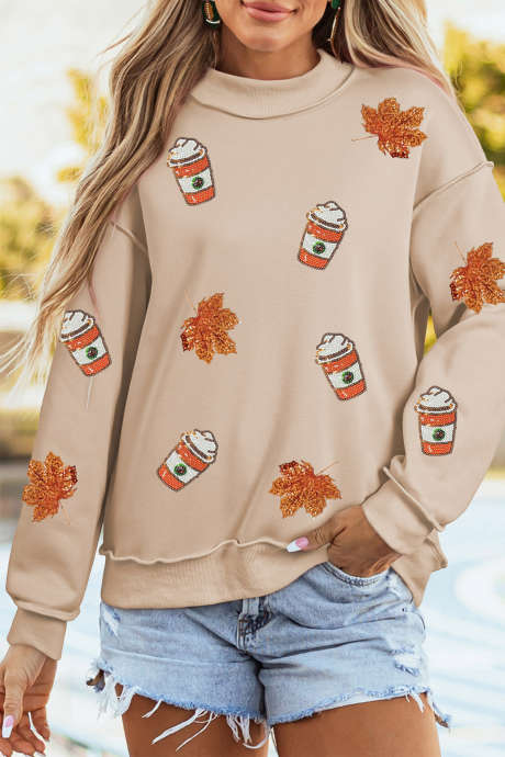 Sweatshirt Leher Tinggi Grafis Motif Daun Sequins Aprikot untuk Minuman Musim Gugur