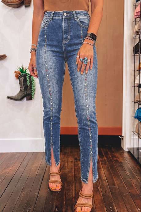 Navy Blue Colored Rhinestone Western Split Hem Skinny Jeans