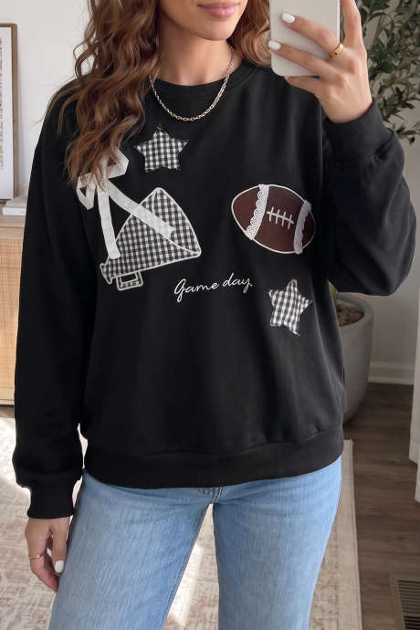 Black Gingham Patch Embroidered Rugby Game Day Stars Sweatshirt