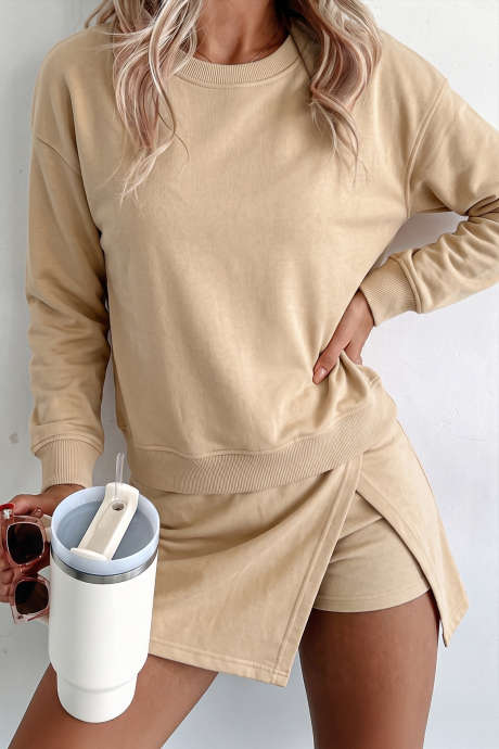 Pergamentfarbenes, einfarbiges Langarm-Top mit Schlitzrock, 2-teiliges Outfit
