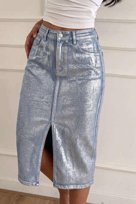 Silvery Metallic Casual Split Midi Denim Skirt
