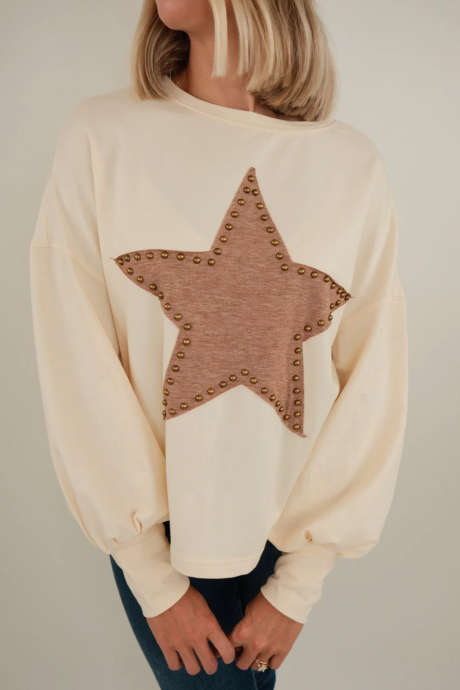 Apricot Western Patchwork Beaded Star Long Sleeve Top